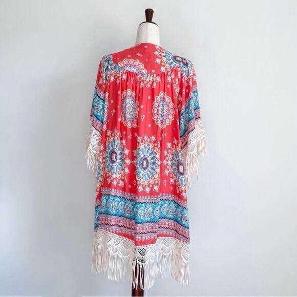 Umgee Colorful Medallion Print Fringe Open Kimono Cover-Up NWT - Picture 6 of 8
